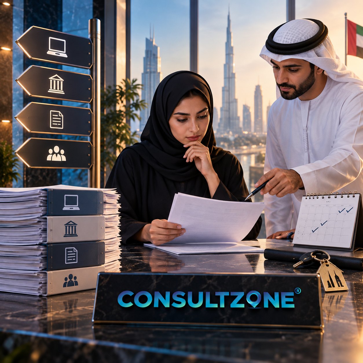 Adviser with a ticked checklist stands over a client reading a document beside icon-tagged file stacks