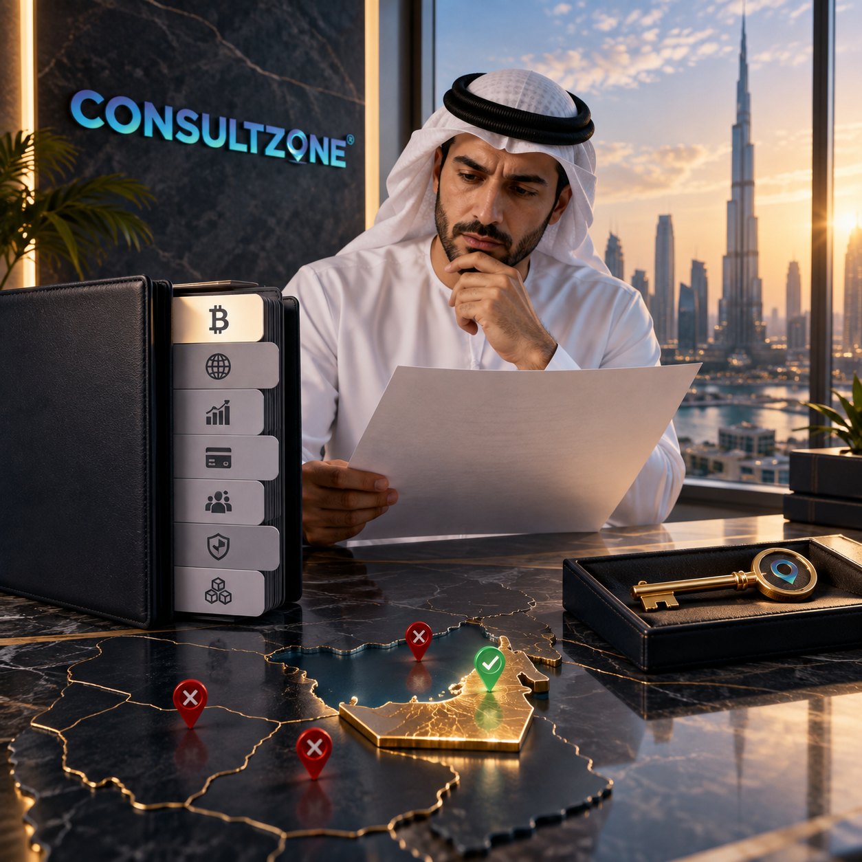Man reads a sheet beside a card rack topped with a bitcoin symbol and a boxed gold key