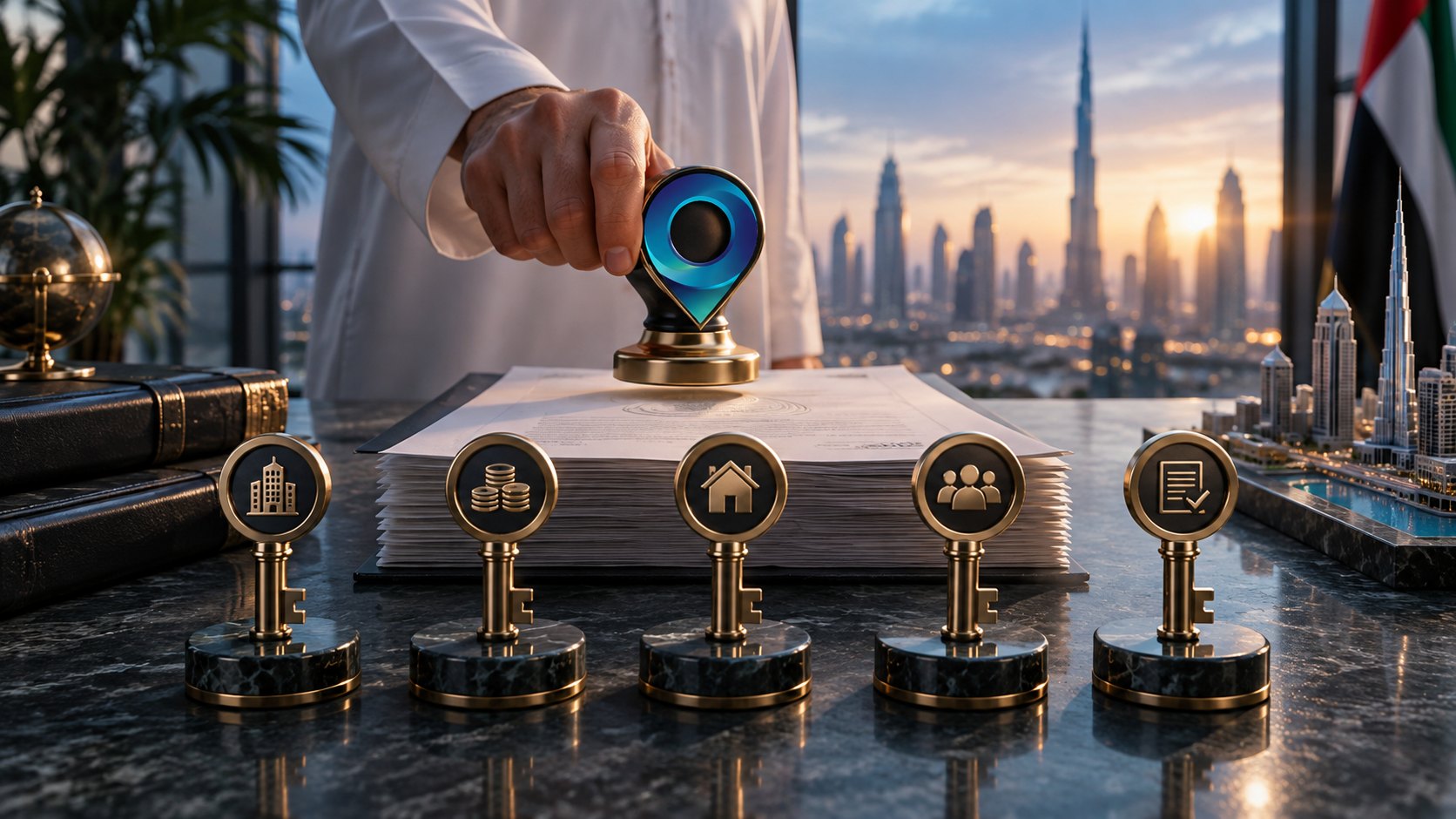 Hand presses a glowing pin stamp onto a document stack flanked by five brass icon key stands