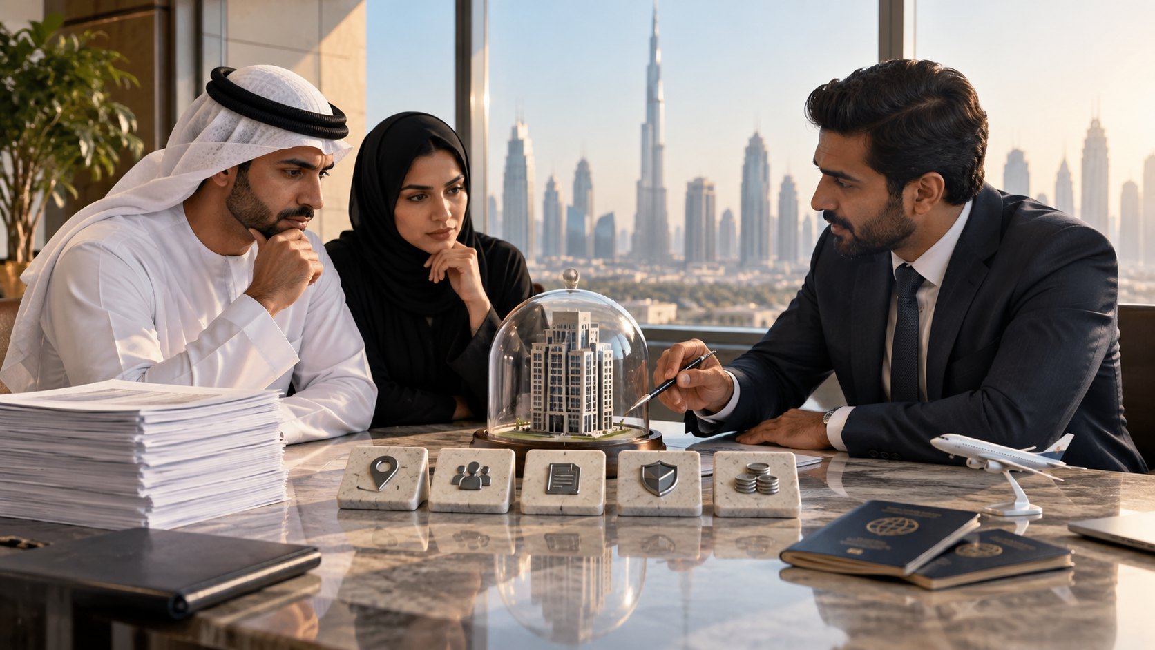 Consultant points at a glass dome over a tower model beside icon tiles, a model plane and passports