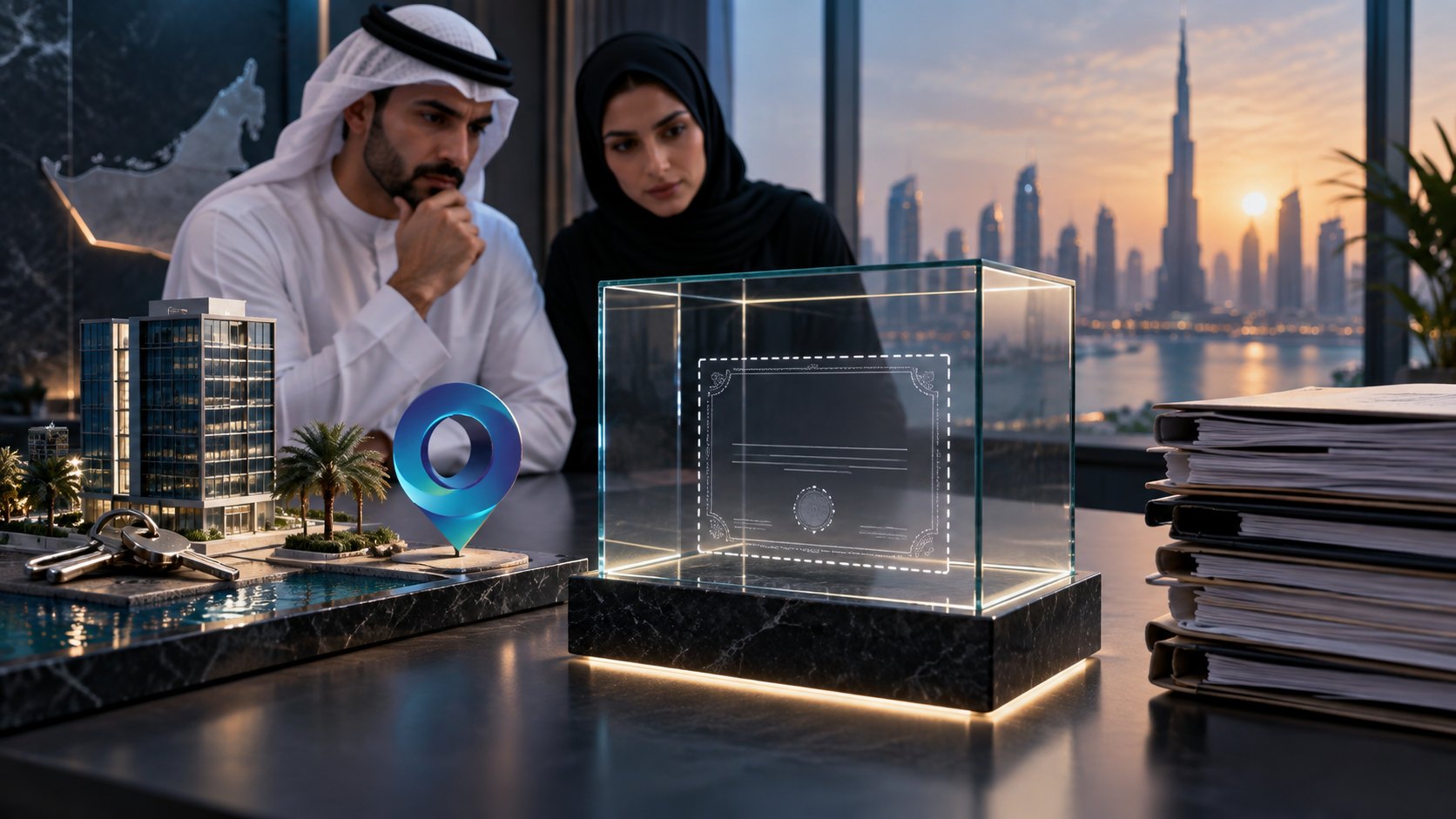 Man and woman study a lit glass case holding an etched certificate, keys and a tower model beside it