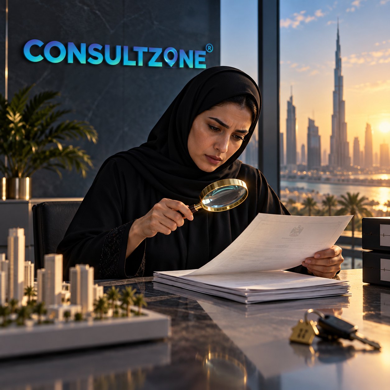 Woman holds a magnifying glass over a page drawn from a thick stack of documents