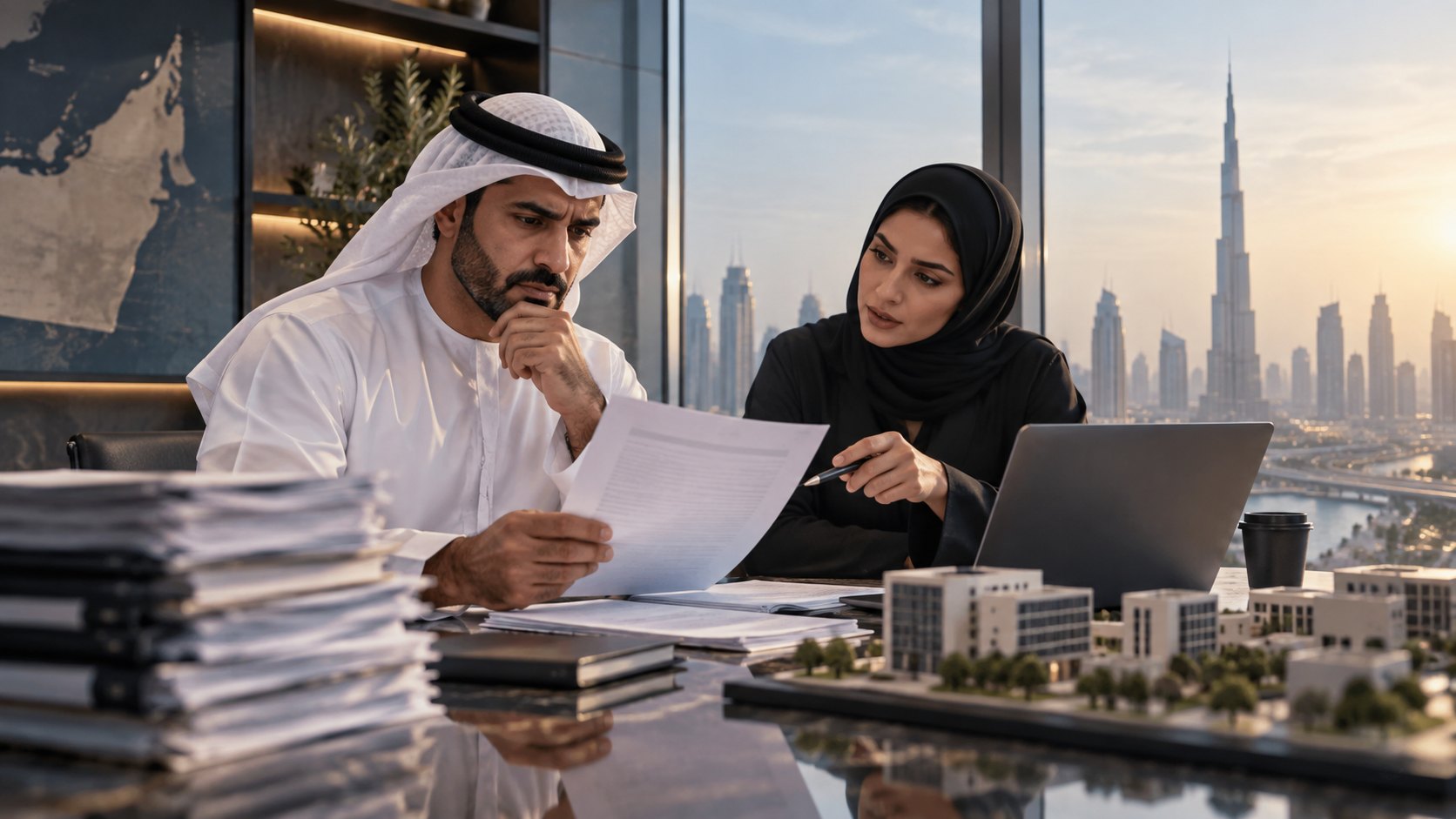Man in kandura reads a document beside a woman with a laptop, stacked files and a building model