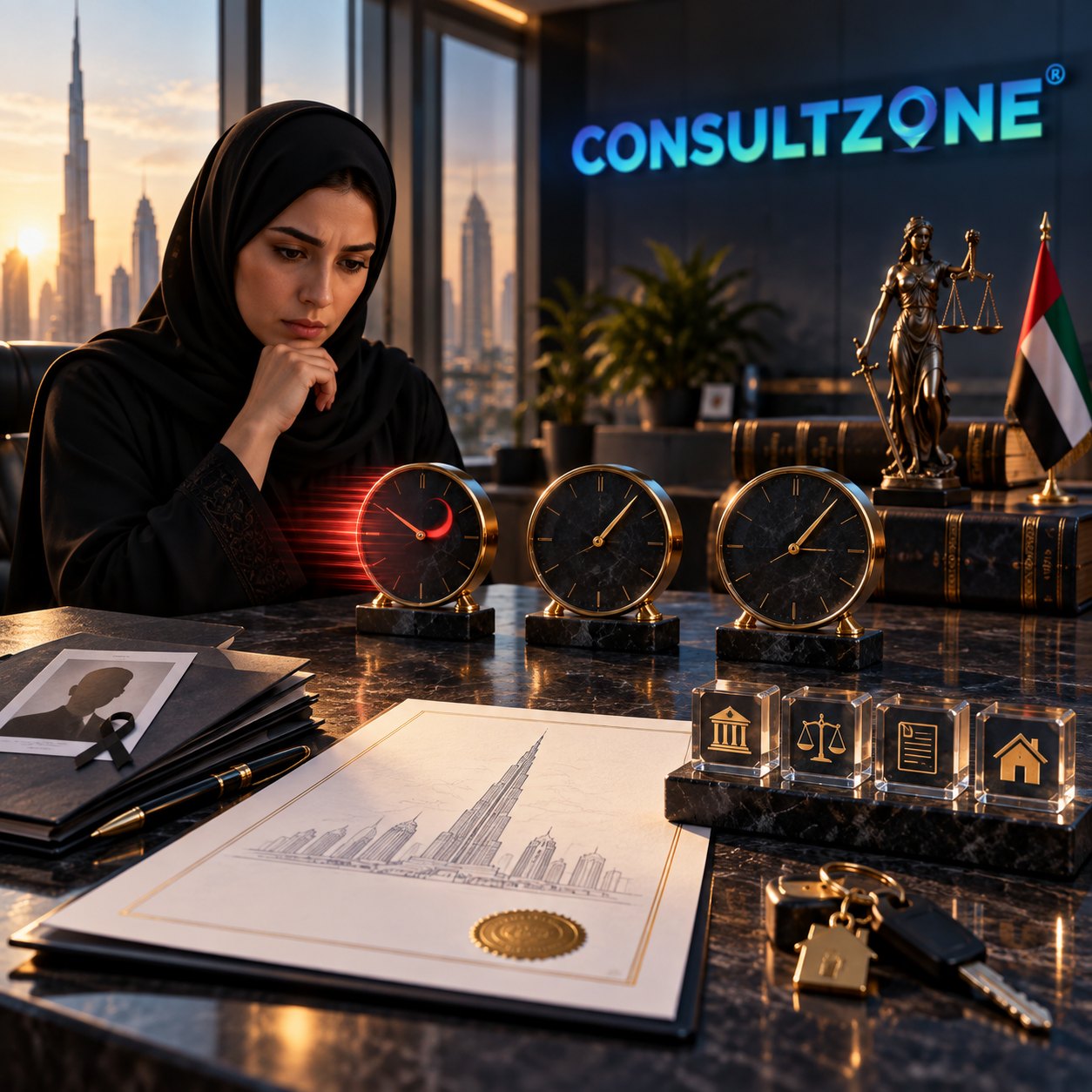 Woman at a marble desk studies a sealed certificate beside three desk clocks and a scales-of-justice figurine