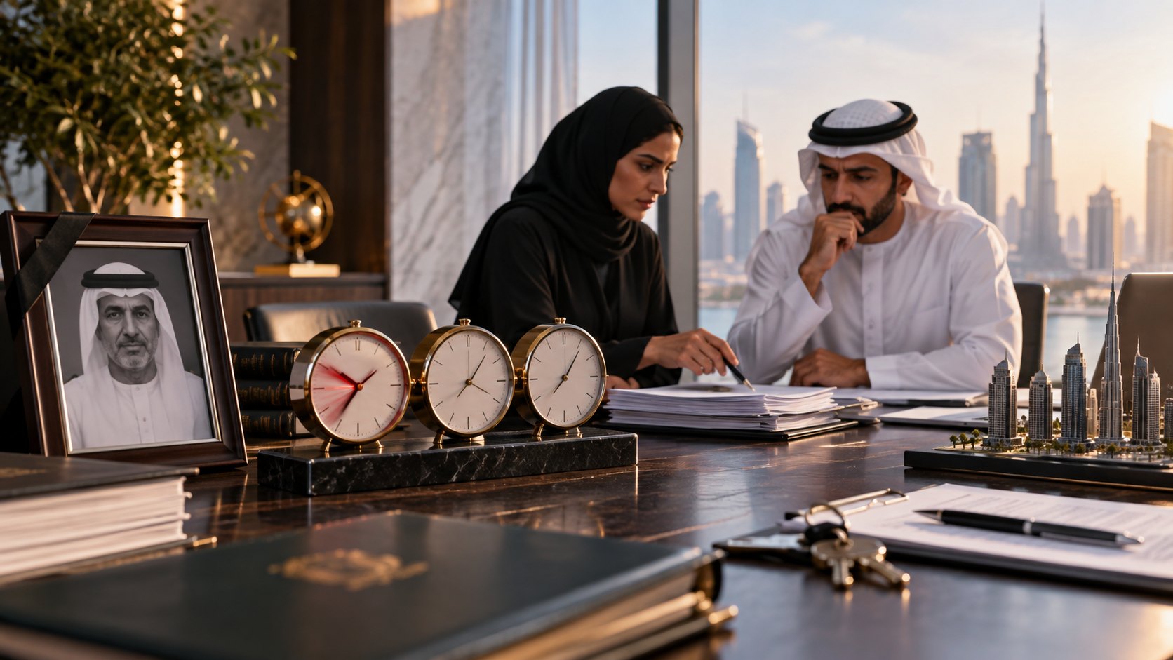 Woman and man work through papers beside three desk clocks and a framed portrait of an elderly man