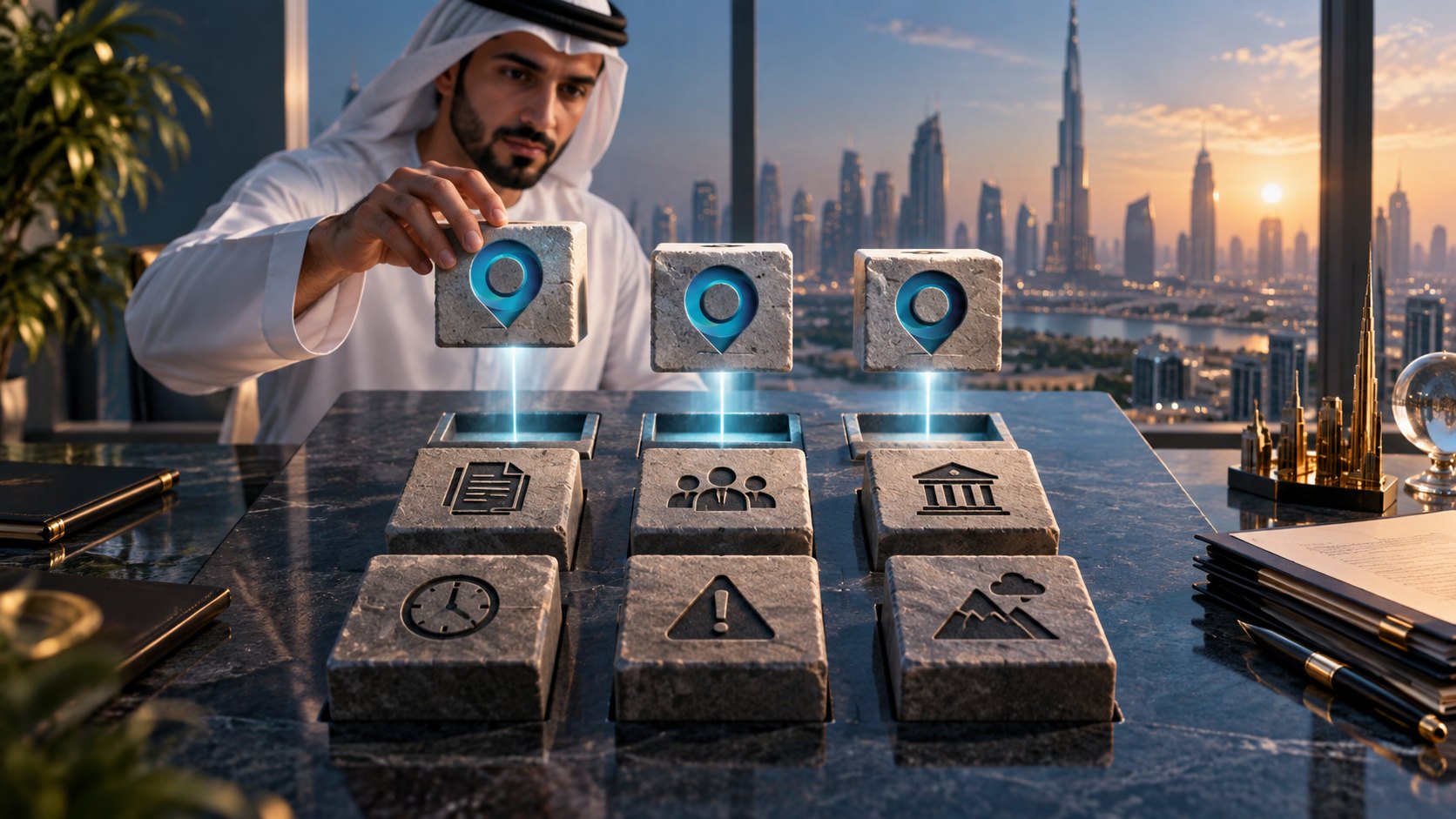 Man in kandura lifts one of three stone blocks carrying location pins above six icon-carved blocks