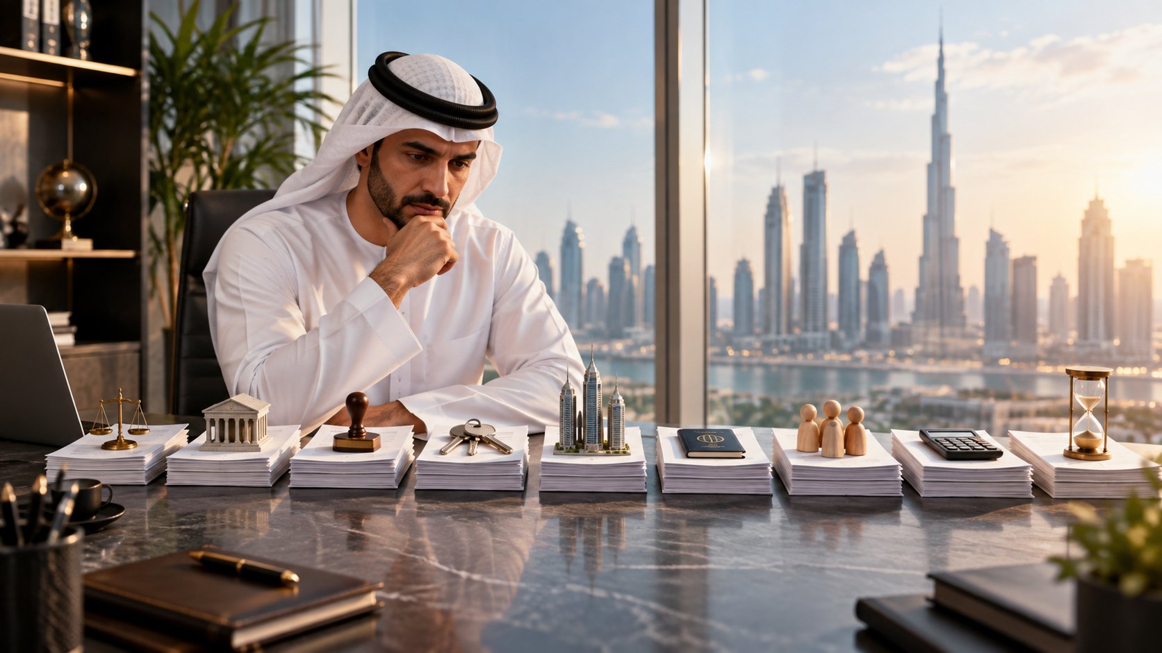Man in kandura considers a row of stamped document stacks, an hourglass and a calculator along a marble desk