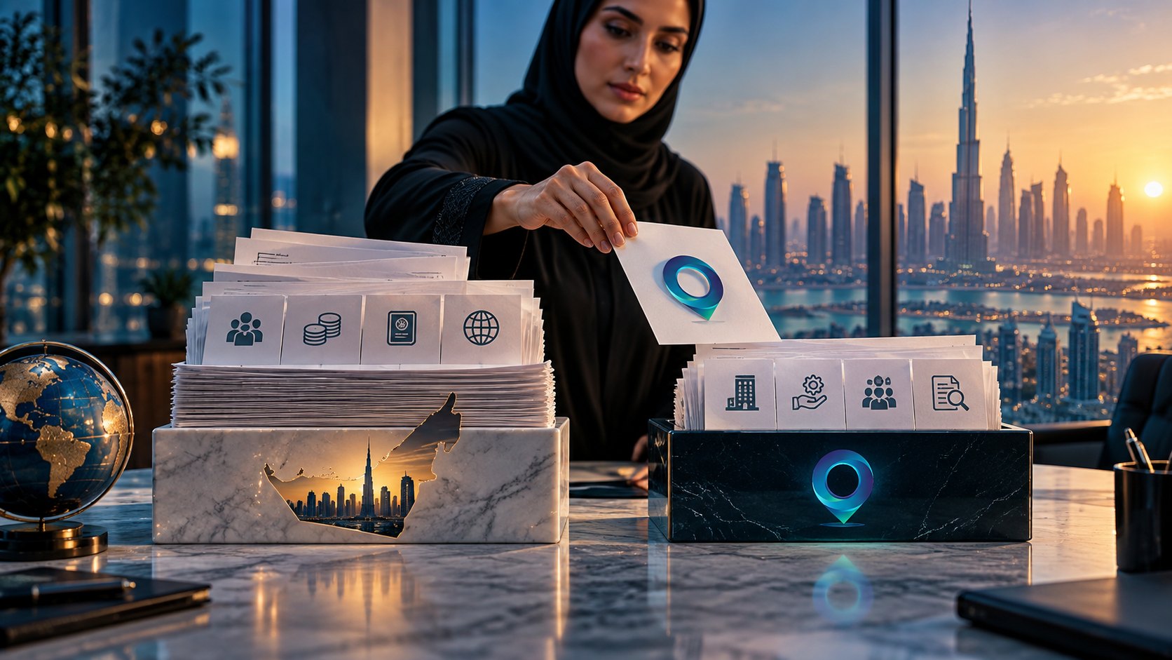 Woman sets a card marked with a location pin onto a marble block holding rows of icon cards
