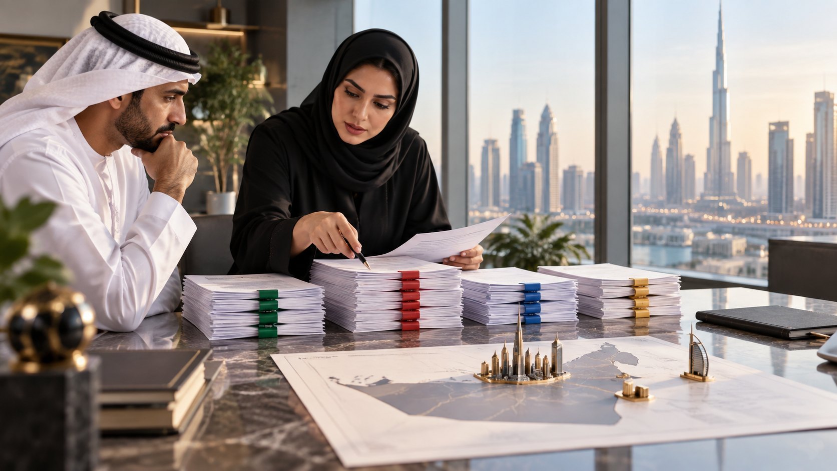 Woman sorts tabbed files beside a man in kandura, with a paper site plan and small tower models