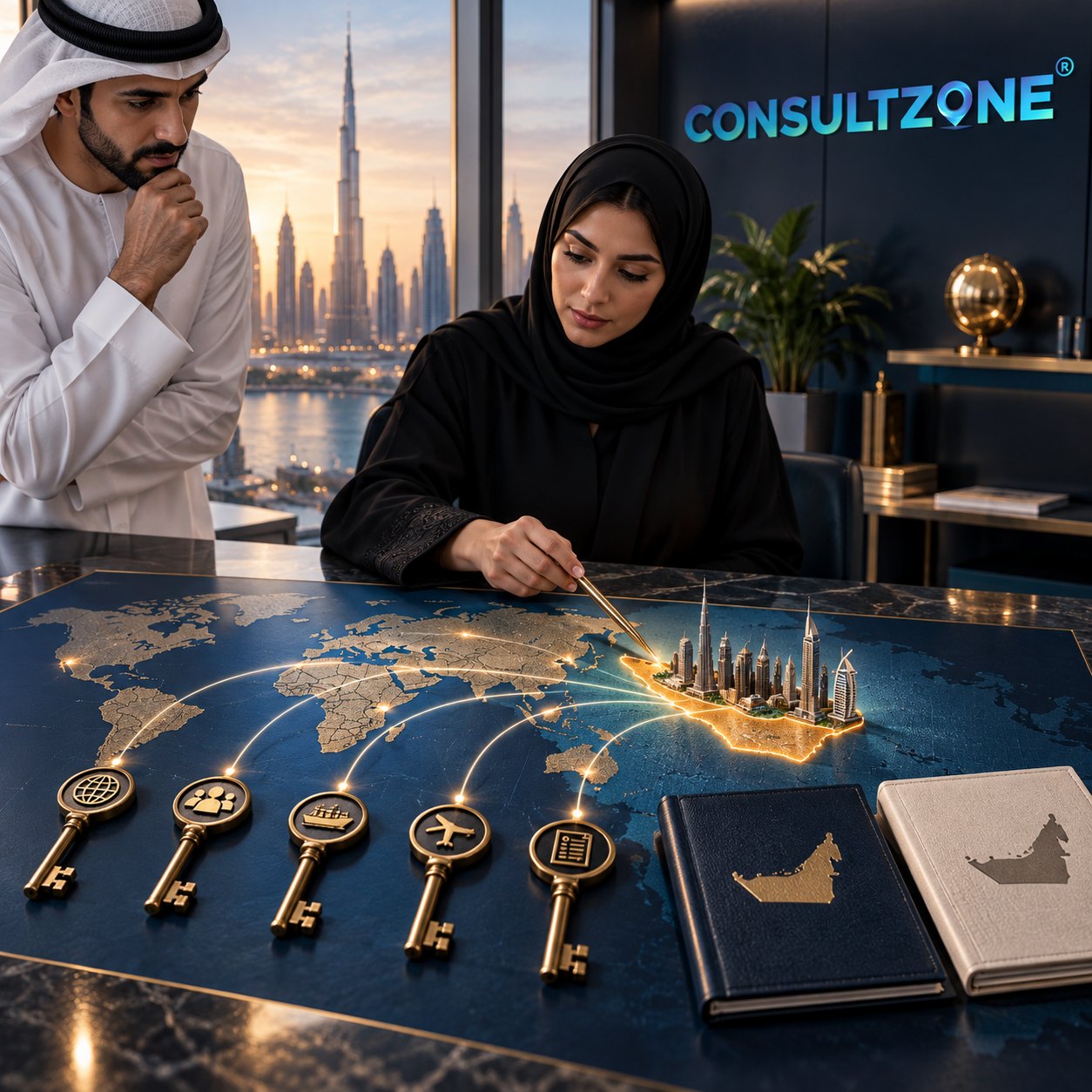 Woman traces a stylus over a lit world map inlaid in the desk, lines converging on a skyline model