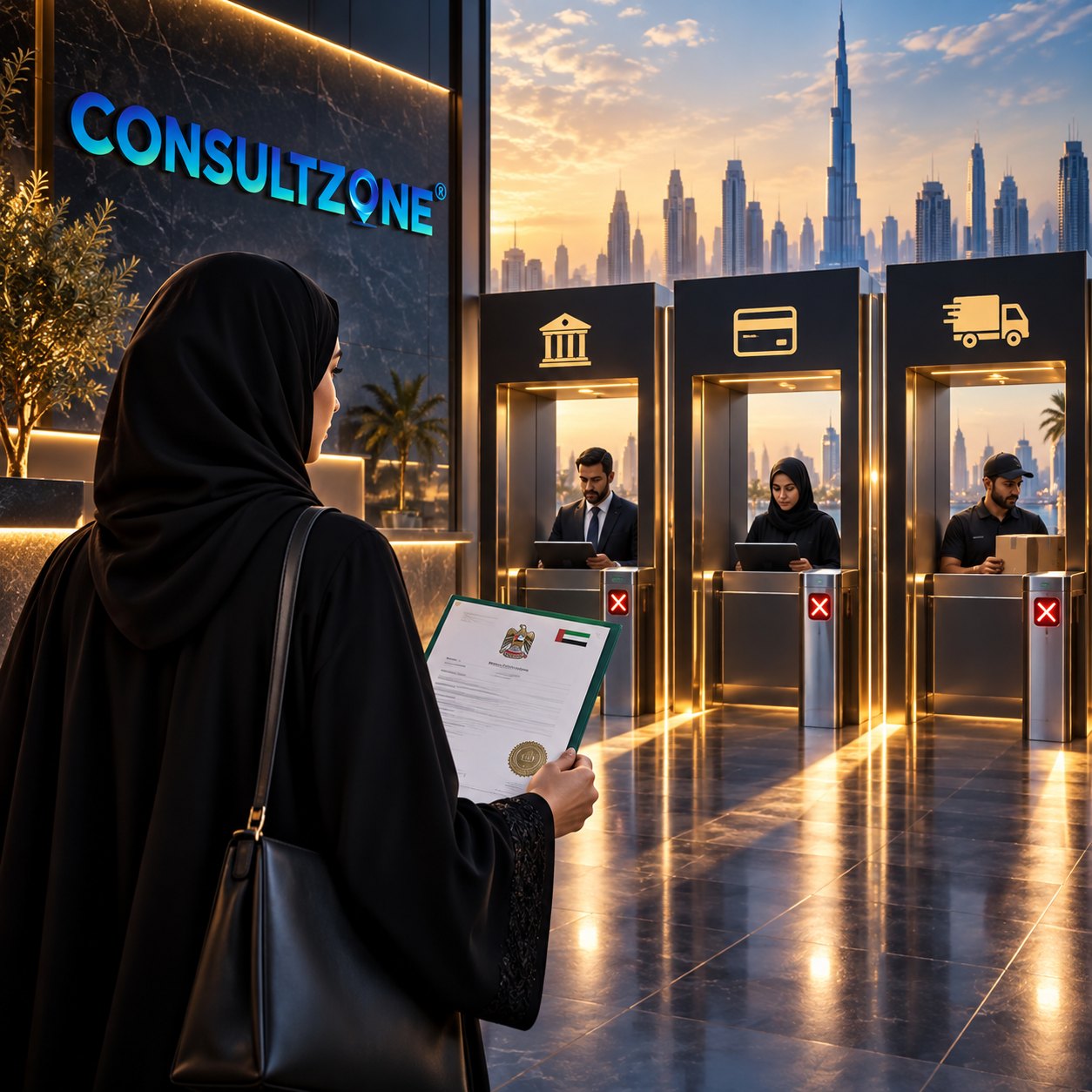 Woman carrying a sealed certificate faces three lit counters, each topped with an icon and marked with a cross