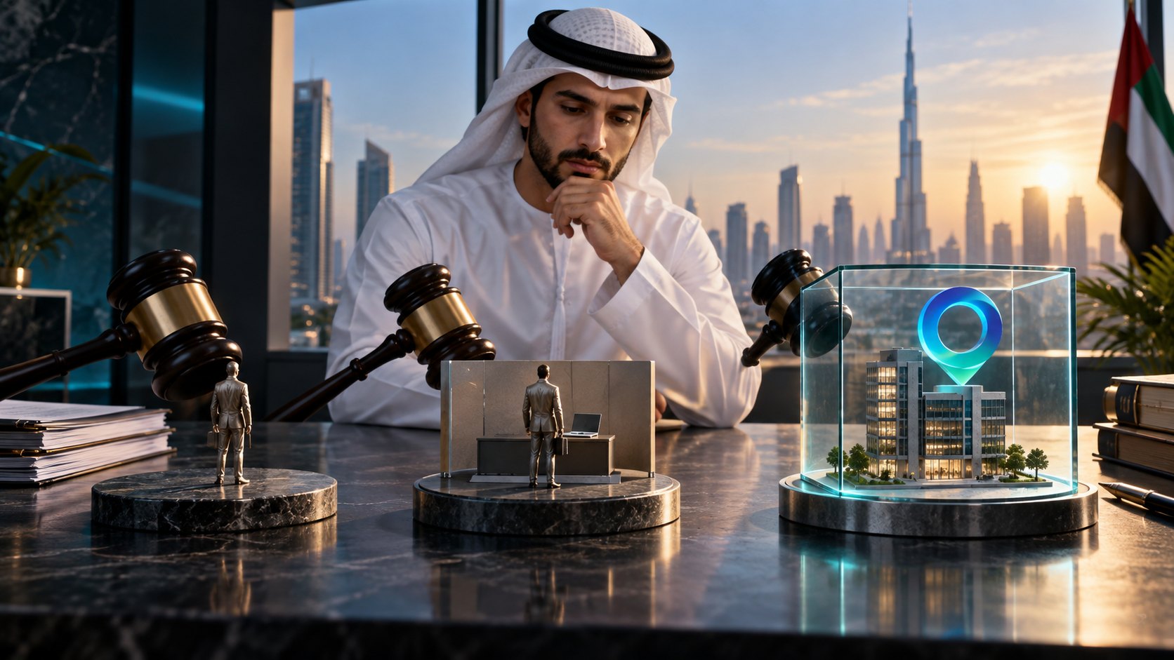 Man in kandura behind two gavels poised over standing figures and a lit case holding a tower model