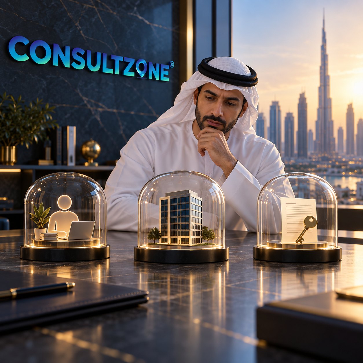 Man in kandura weighs three lit glass domes holding a seated figure, an office tower and a key