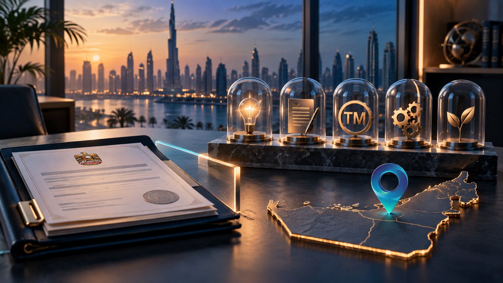 Five glass domes hold a lightbulb, a document, a trademark symbol, gears and a seedling above a lit UAE map