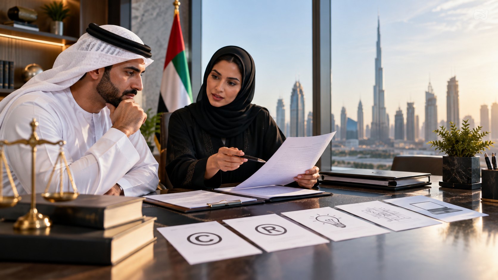 Woman shows a document to a man in kandura, cards printed with copyright, trademark and lightbulb marks between them