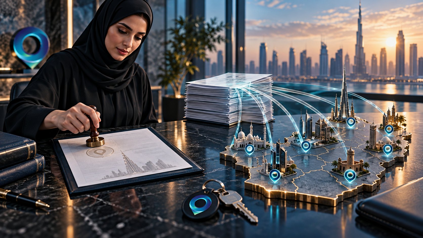 Woman presses a stamp onto a clipboard beside a sectioned relief map of the UAE carrying landmark models
