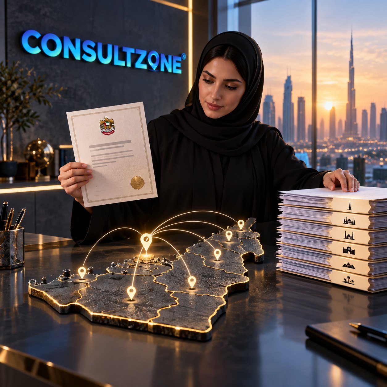 Woman holds up a sealed certificate over a lit relief map of the UAE studded with linked location pins