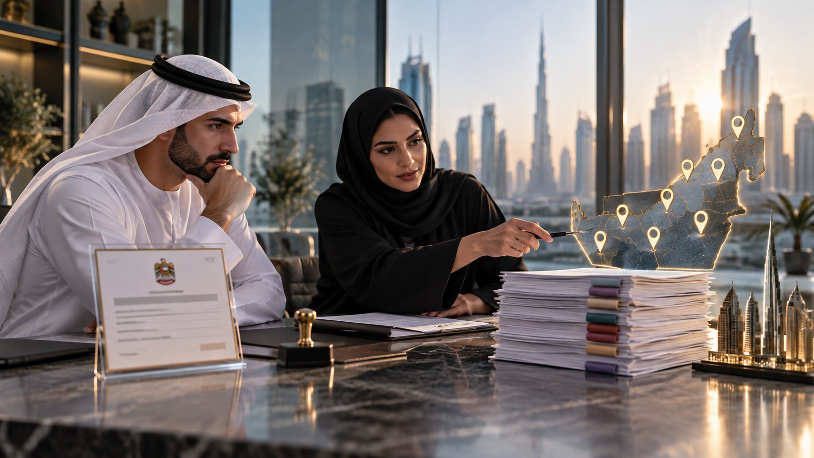 Woman points a pen at a tall stack of tabbed files while a man in kandura listens