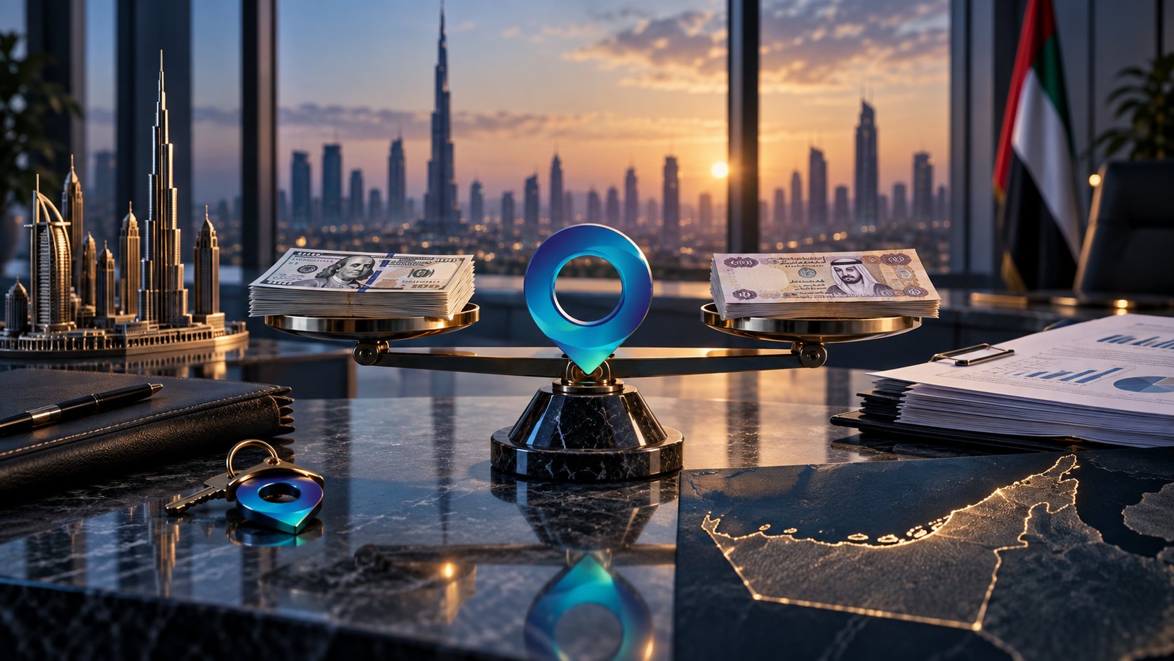 Balance scale holding dollar bills in one pan and dirham notes in the other, a location pin between them