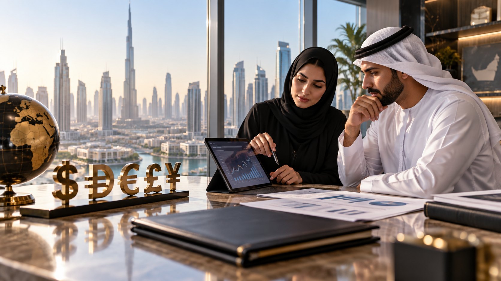 Woman shows a man in kandura a tablet chart beside standing currency symbols and printed graphs on the desk