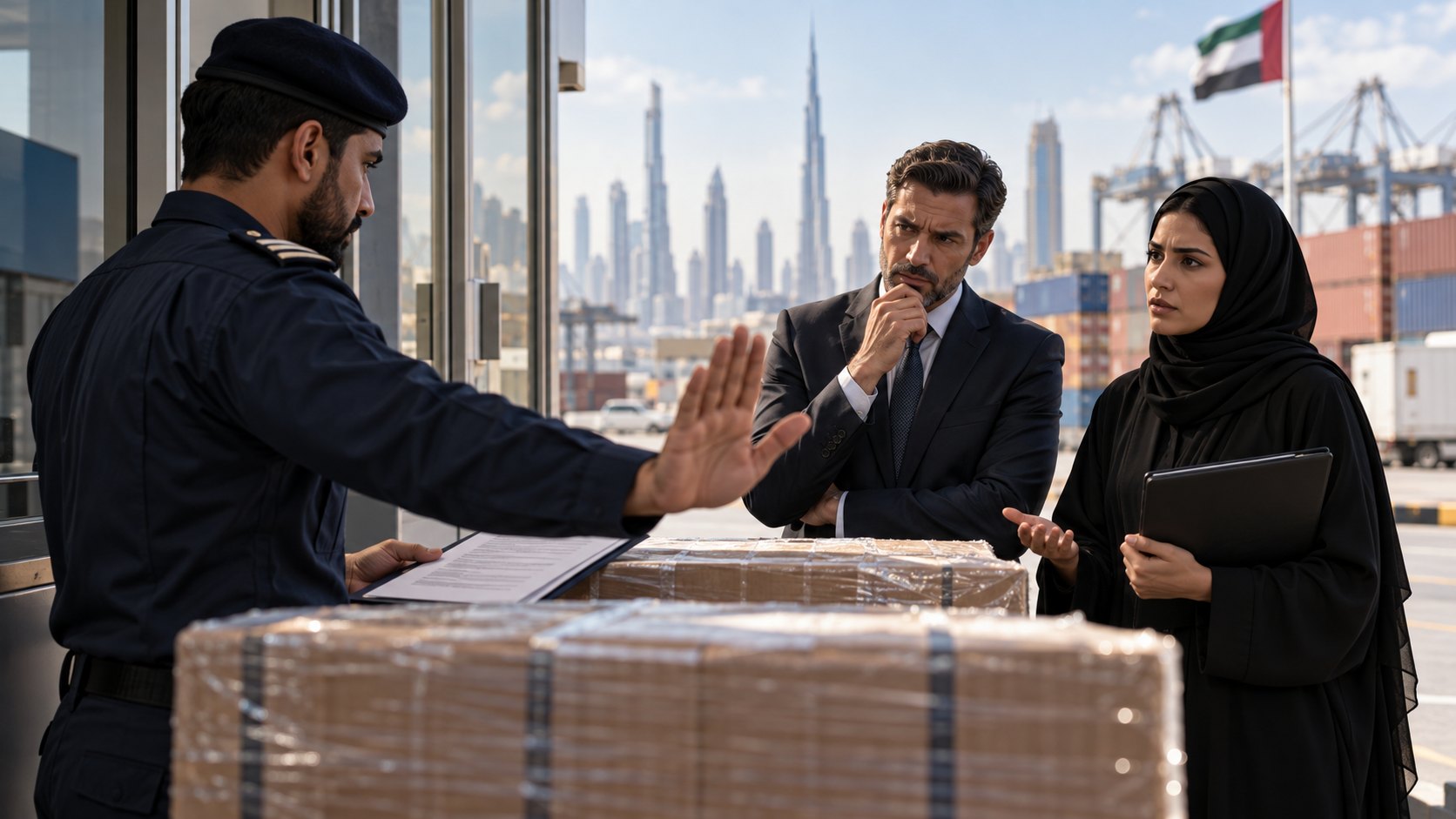 Uniformed officer halts a suited man and a woman with a tablet beside a shrink-wrapped pallet at a port