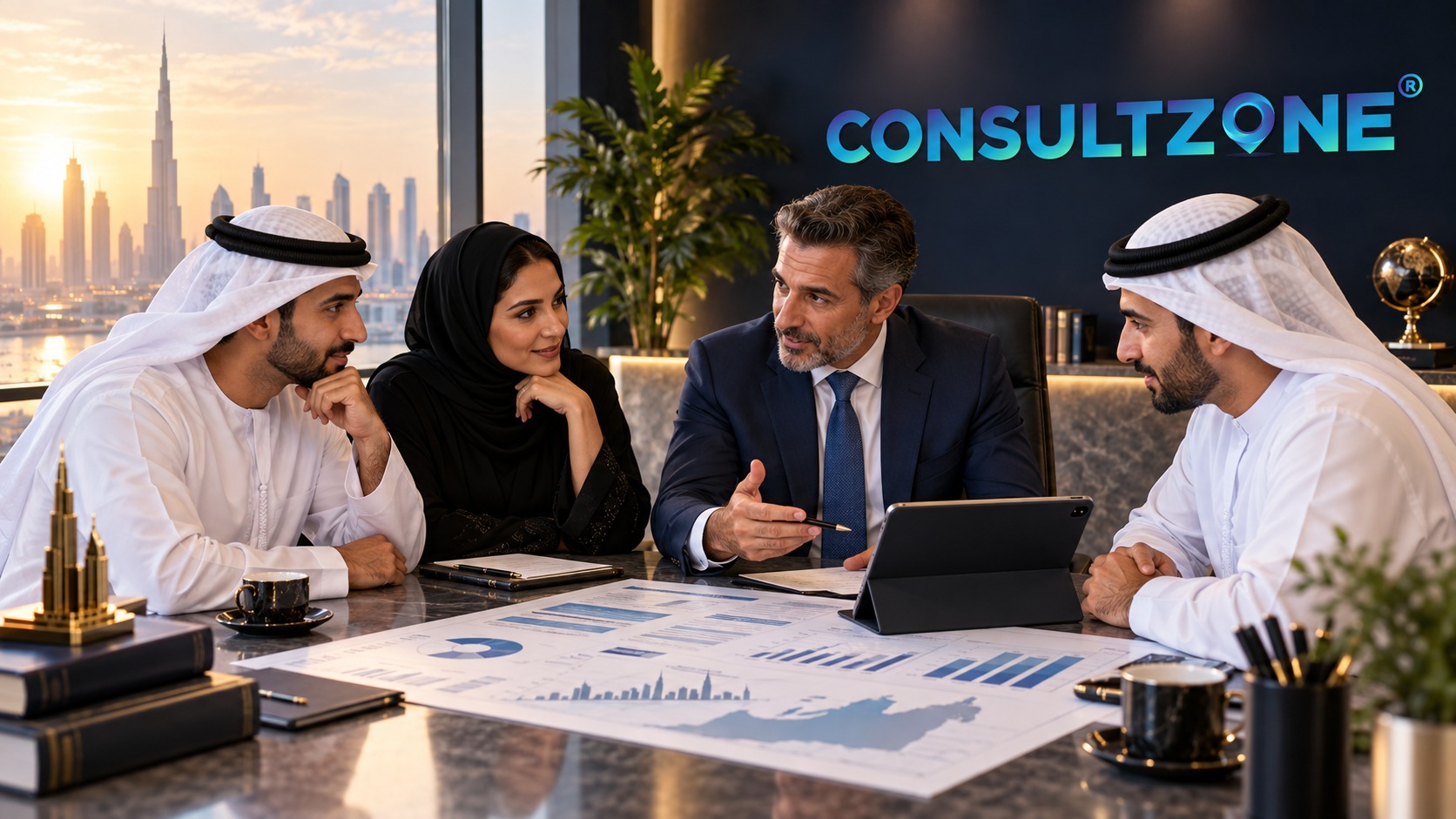 Four advisers discussing a printed chart at a boardroom table, Dubai skyline through the glass