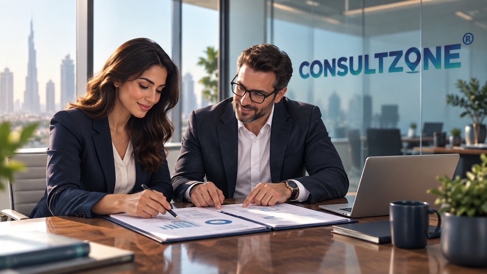 Two advisers at a polished boardroom table, one signing an open folder of charts