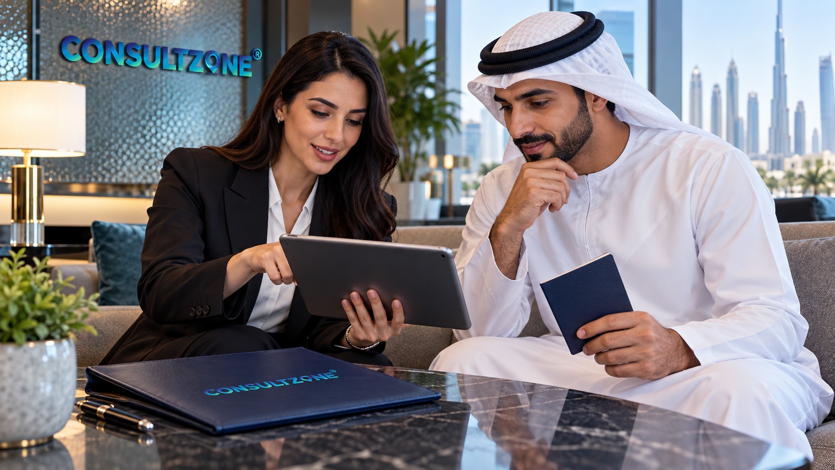 An adviser showing a tablet to an Emirati client who holds his passport
