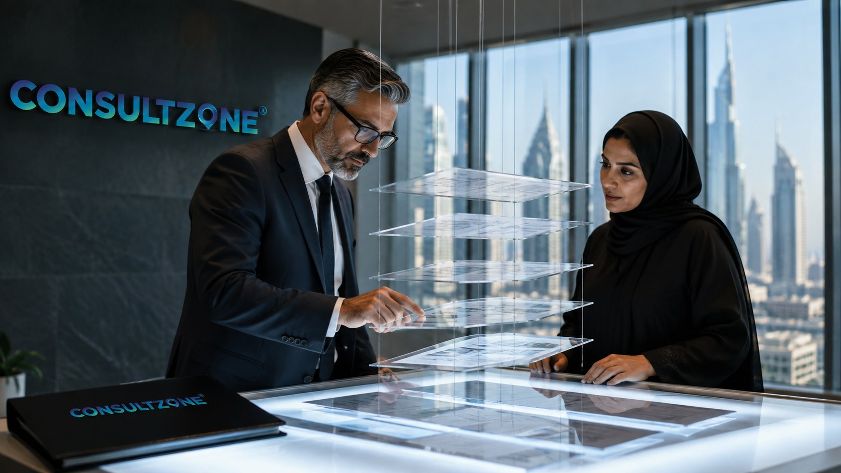 Two colleagues examining transparent document layers suspended above a lit table
