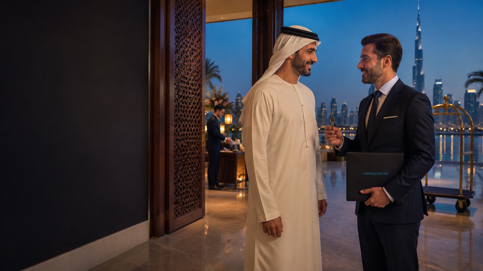 An advisor handing a key and a ConsultZone document folio to a client in a lobby at dusk, the Dubai skyline behind them