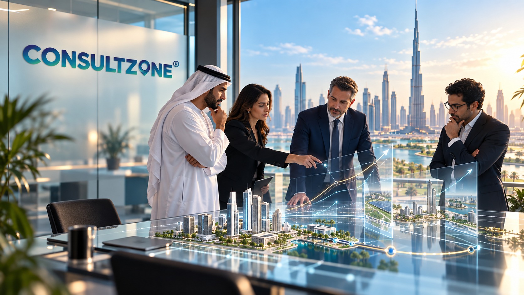 Four advisers studying an illuminated city scale model overlaid with blue data lines in a meeting room