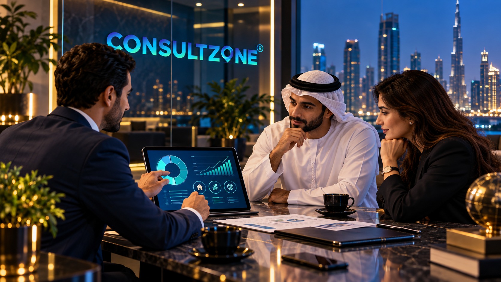 Three colleagues study charts on a tablet at a night meeting table, city lights behind