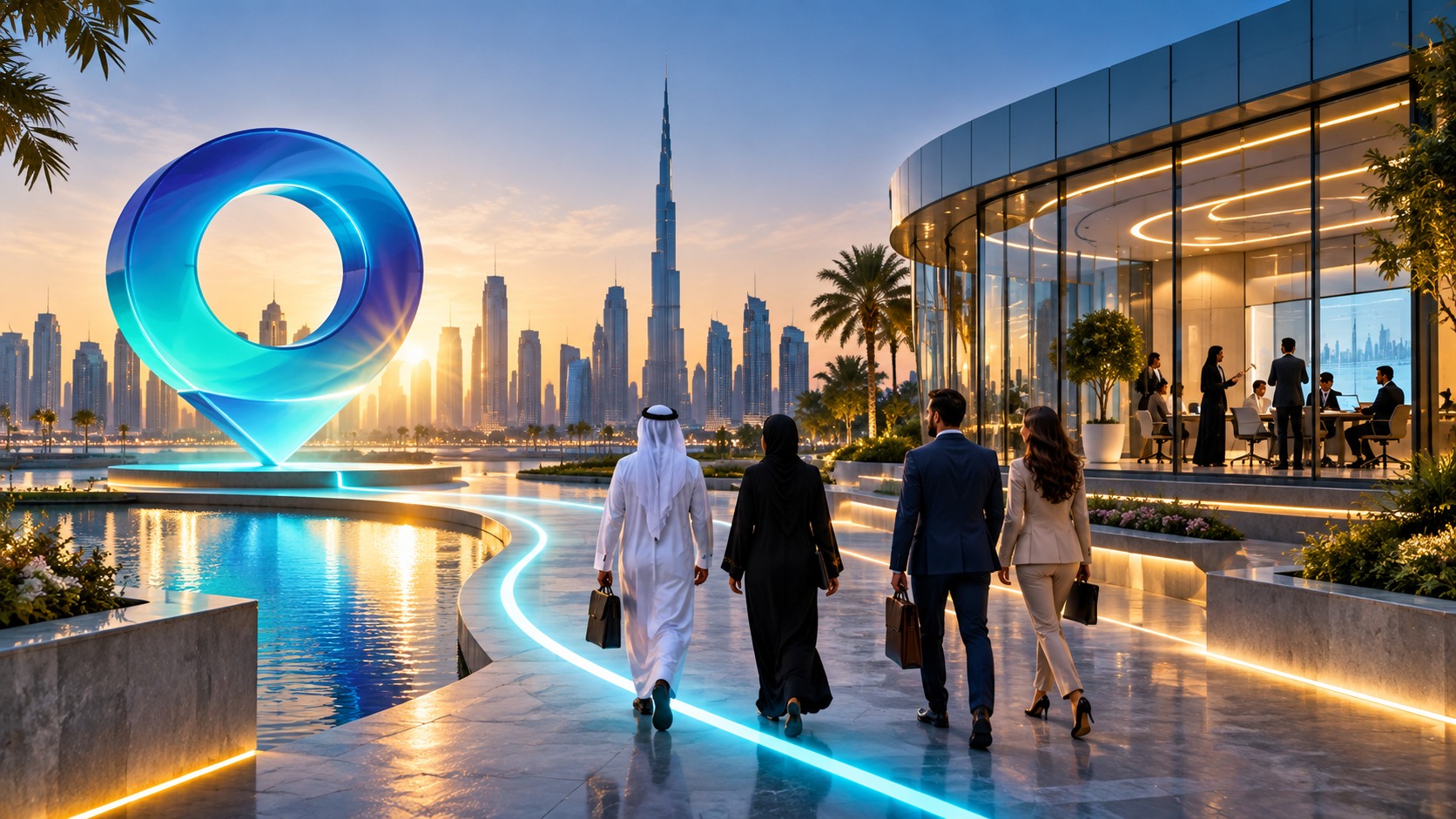 Four people walking a lit waterside path towards a tall glowing blue waypoint, Dubai skyline behind