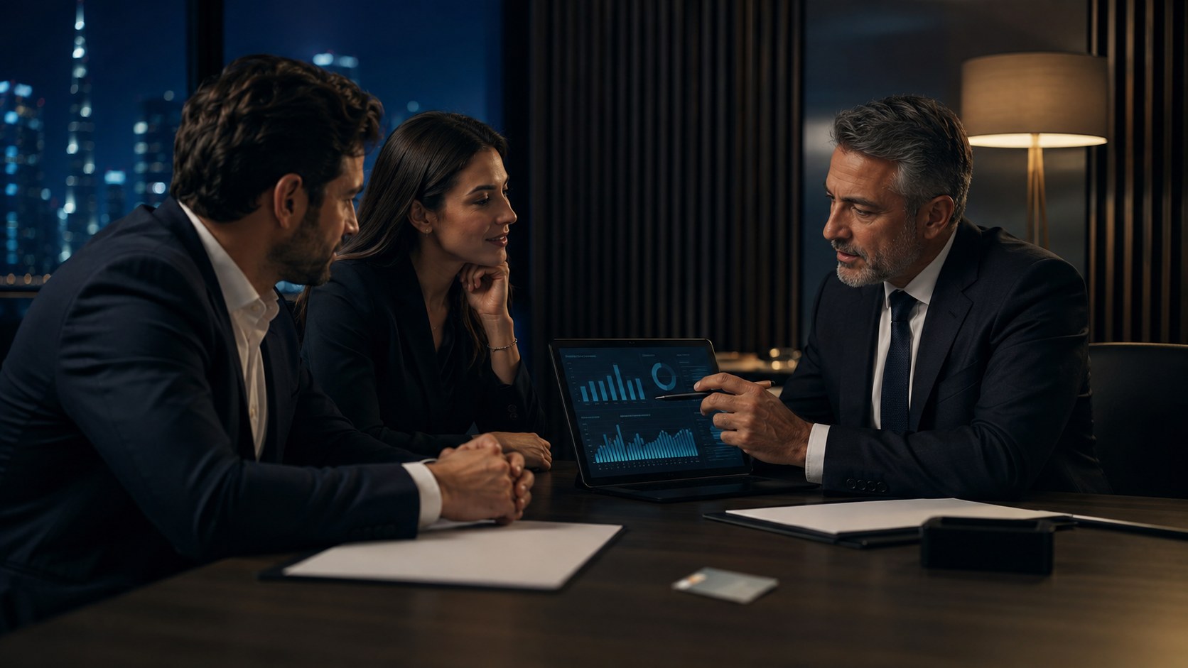 An adviser showing charts on a tablet to two clients in a dark boardroom at night