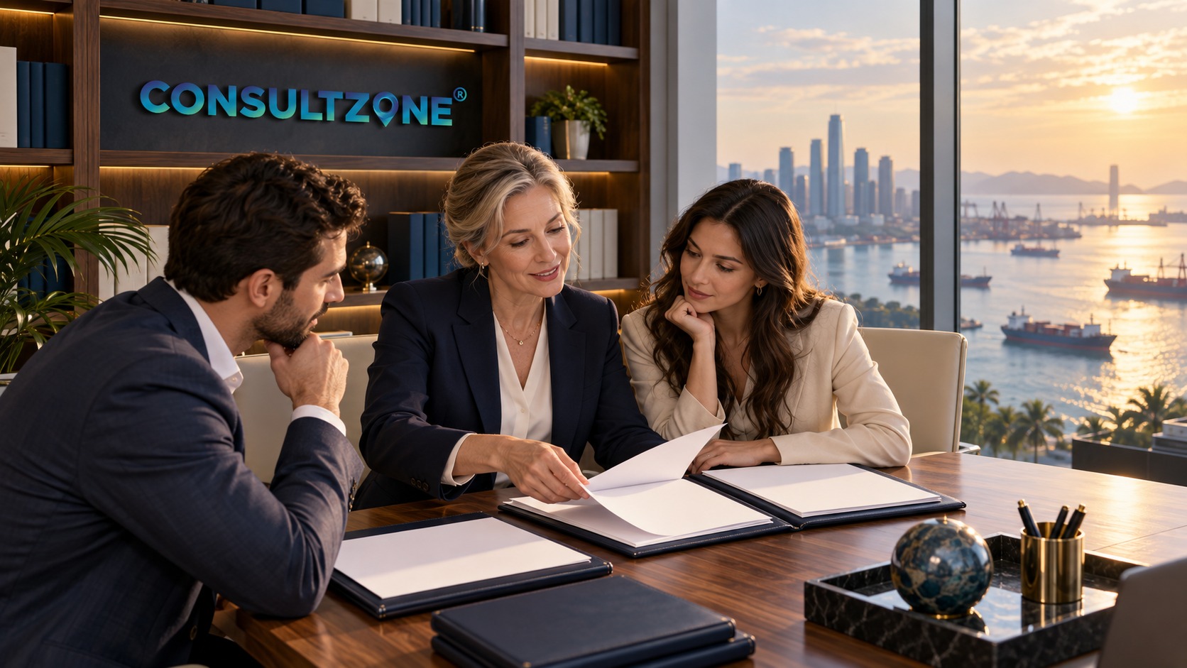 A woman pointing into an open file for two colleagues at a walnut desk, harbour at sunset