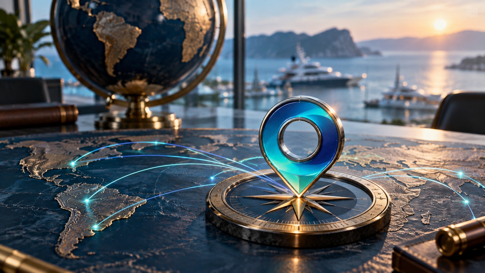 A blue map pin on a brass compass rose set into a map-engraved desk, marina beyond