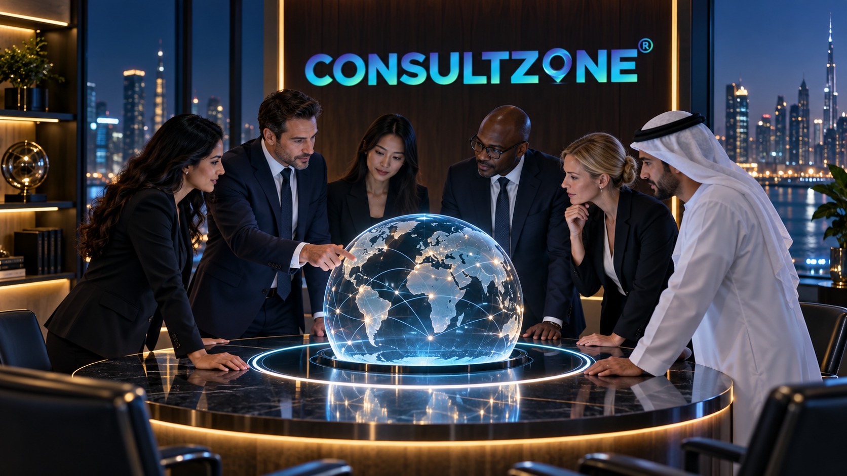 Six colleagues around a boardroom table studying a glowing globe of continents, night skyline behind
