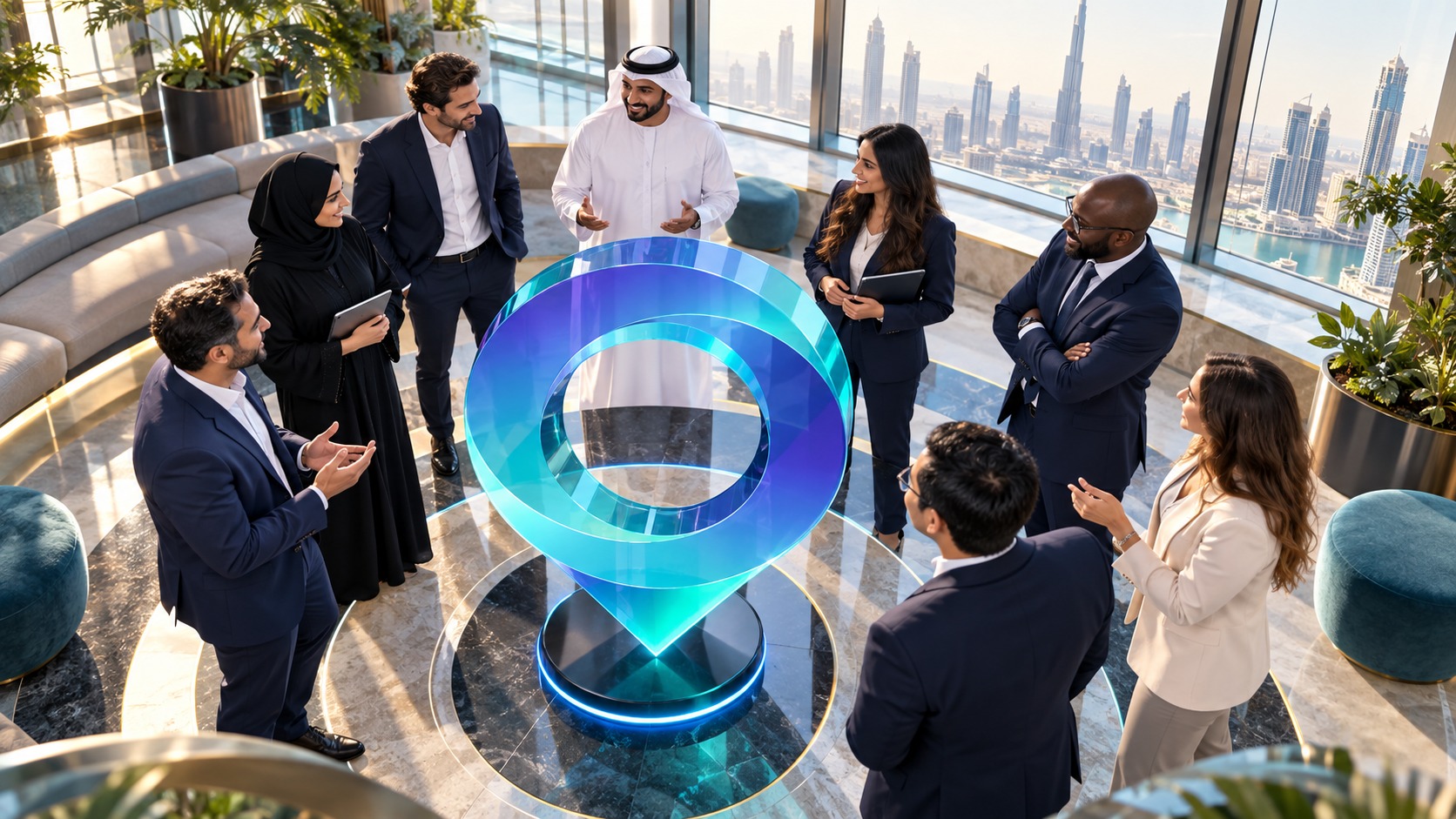 Eight people standing in a ring around a glowing blue letter O sculpture, seen from above