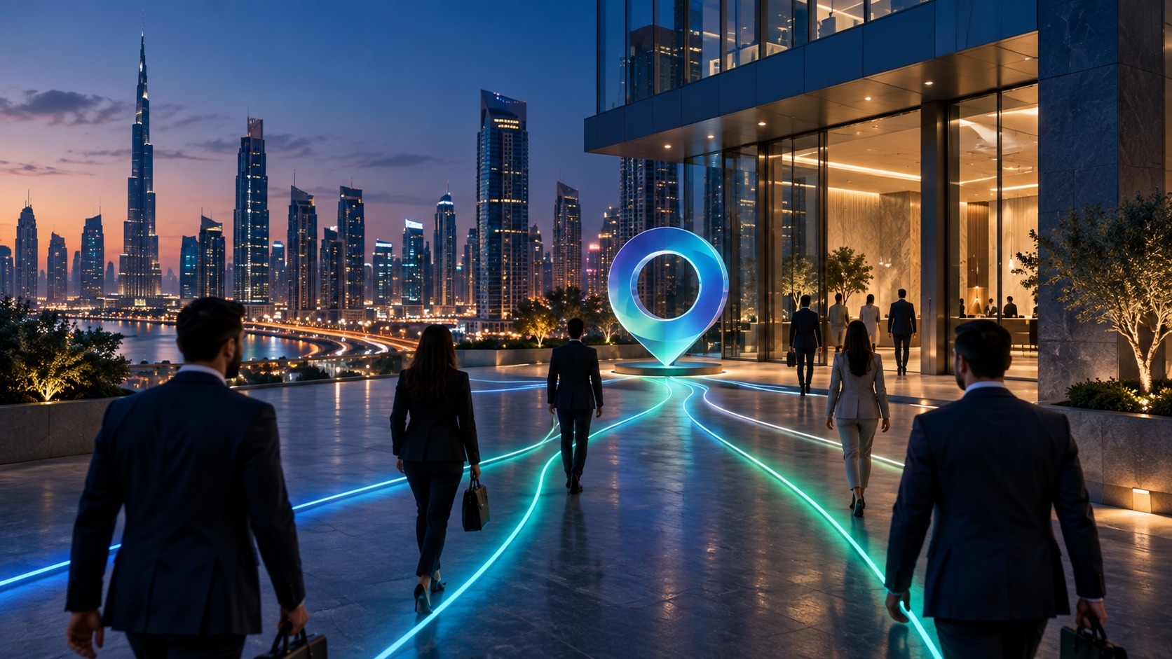 Suited walkers follow glowing blue and green paths converging on one lit marker, Dubai skyline behind