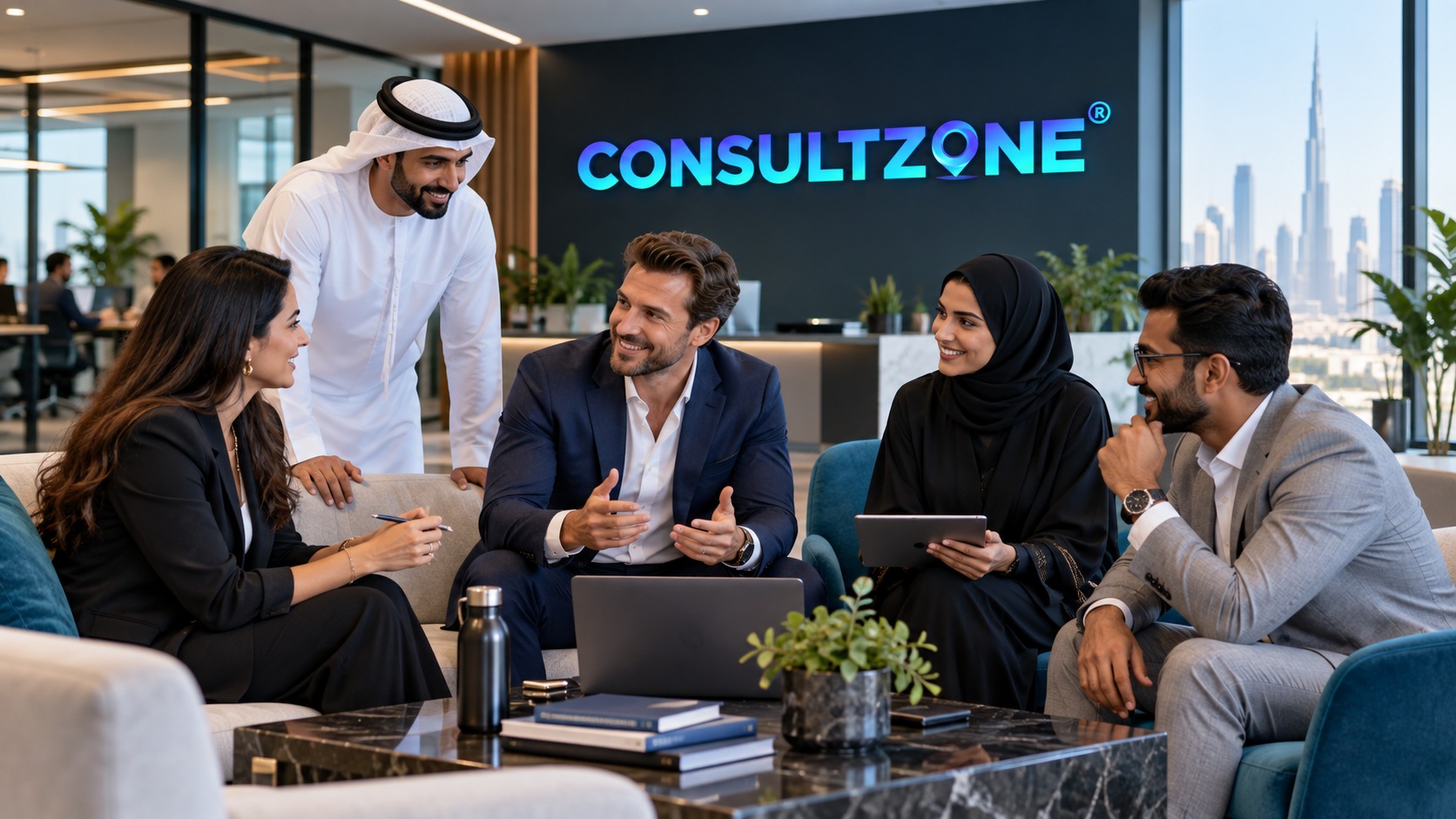 Five advisers talking across a marble table beneath a ConsultZone sign, Burj Khalifa through the glass