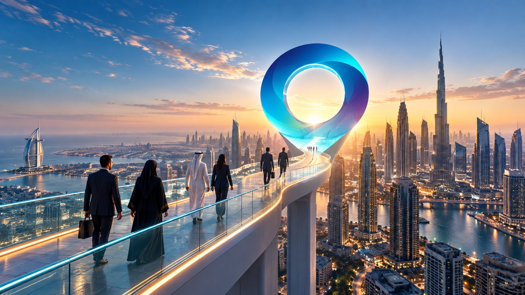 Colleagues walking along an elevated glass-sided skybridge toward a blue ring above the Dubai skyline