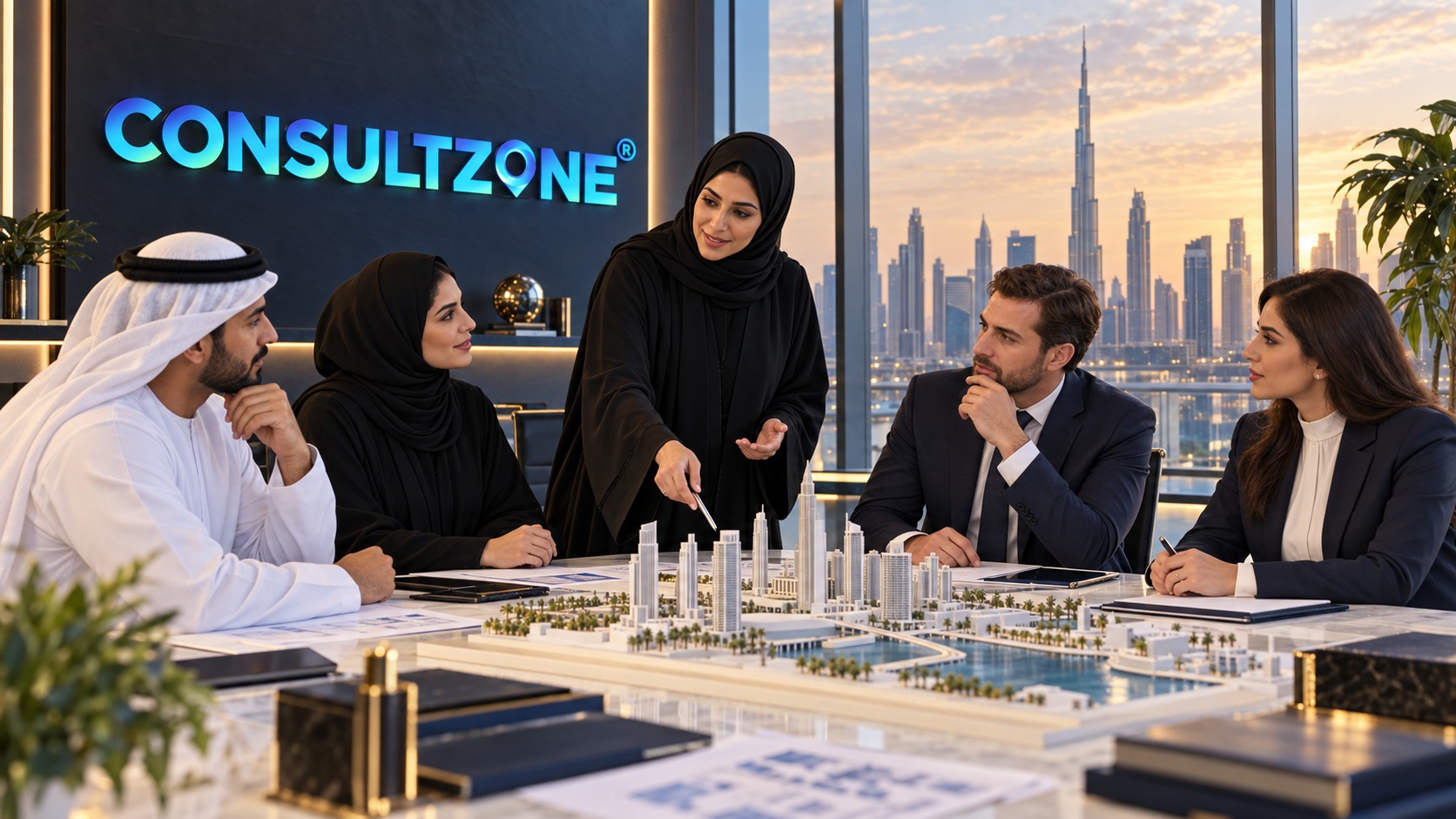 A standing adviser points out detail on a white district scale model to four seated colleagues