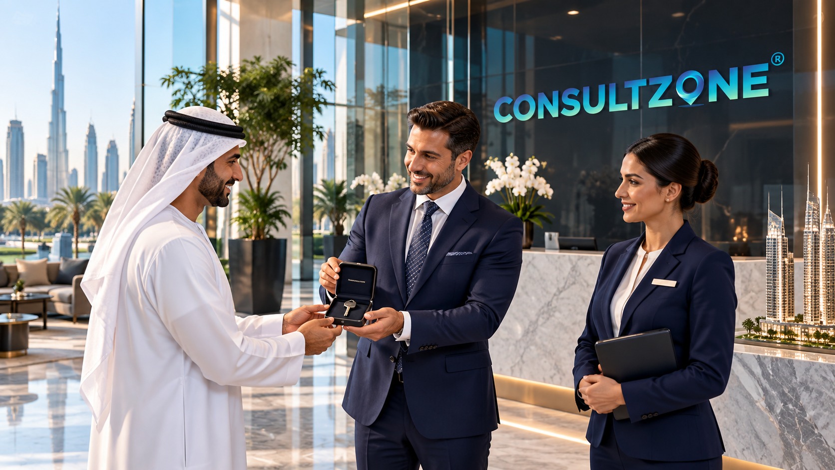 An Emirati client receiving a key presentation box from two advisers in a marble lobby