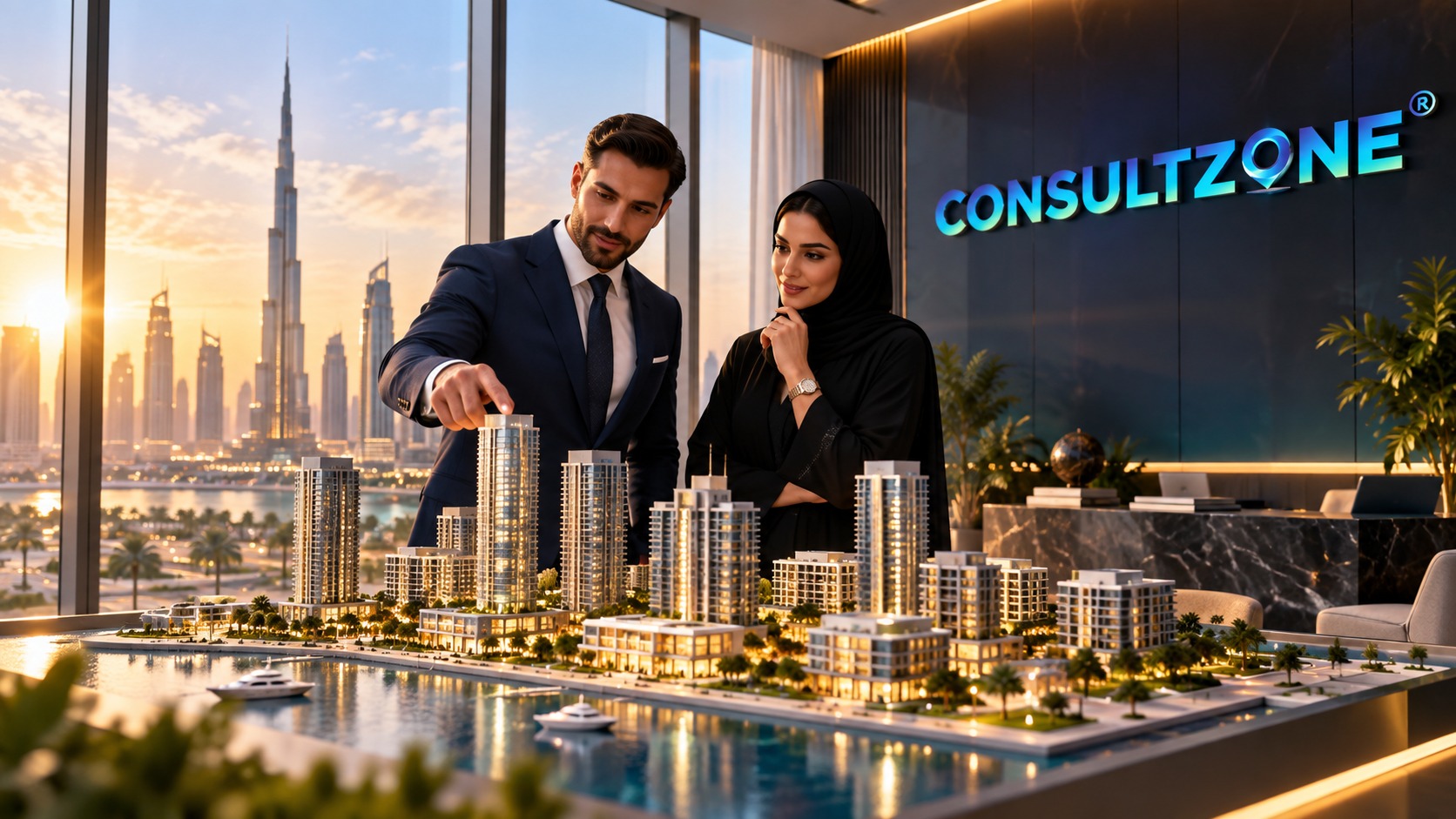 Two advisers studying an illuminated scale model of a waterfront tower development, Dubai skyline beyond