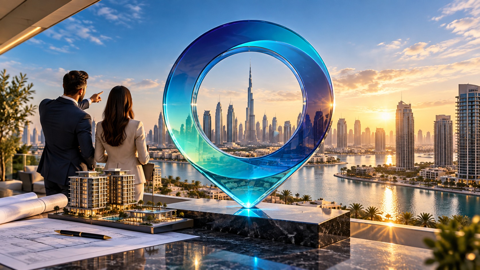 Couple on a terrace beside a glass location marker framing the Dubai skyline at sunset