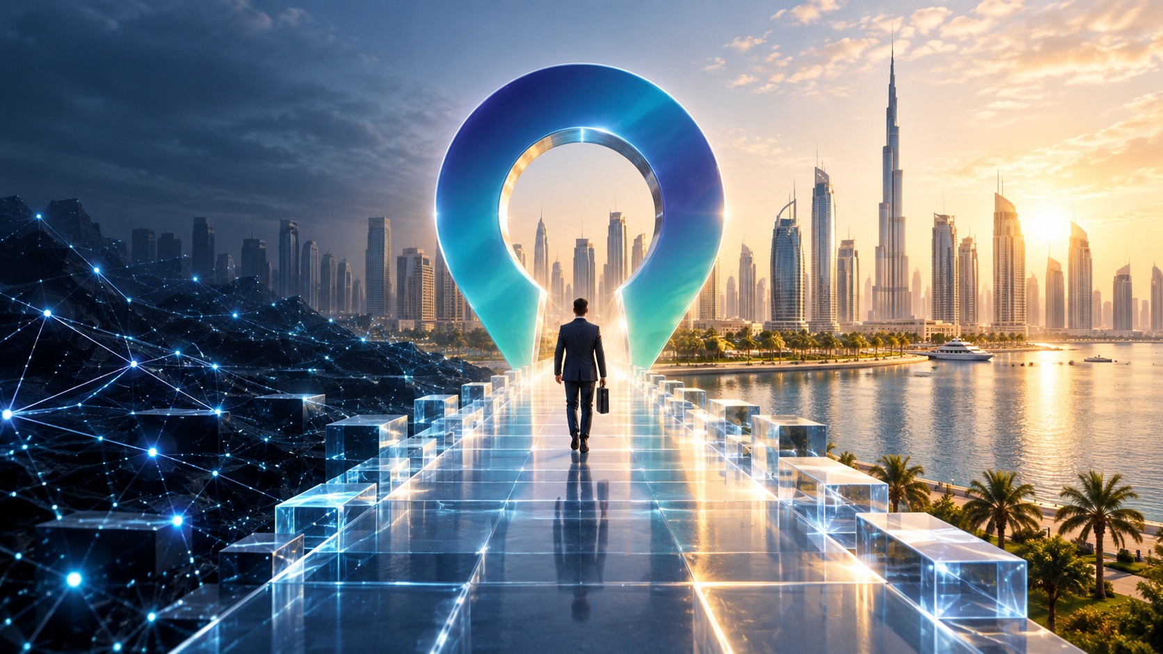 A lone figure walking a lit glass causeway toward a tall arch, Dubai towers at sunrise