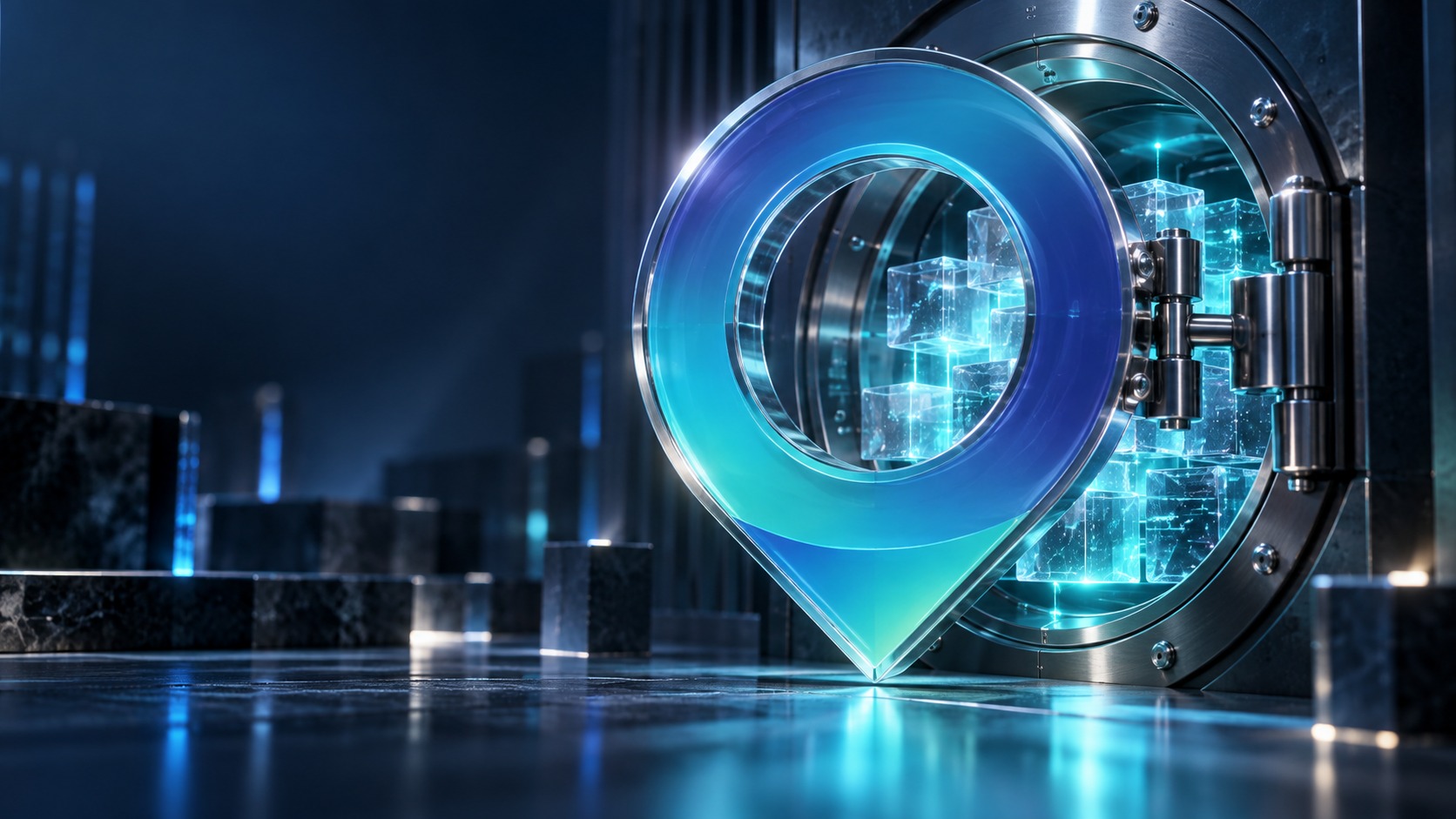 A round steel vault door with a glowing teardrop portal opening onto blue data blocks