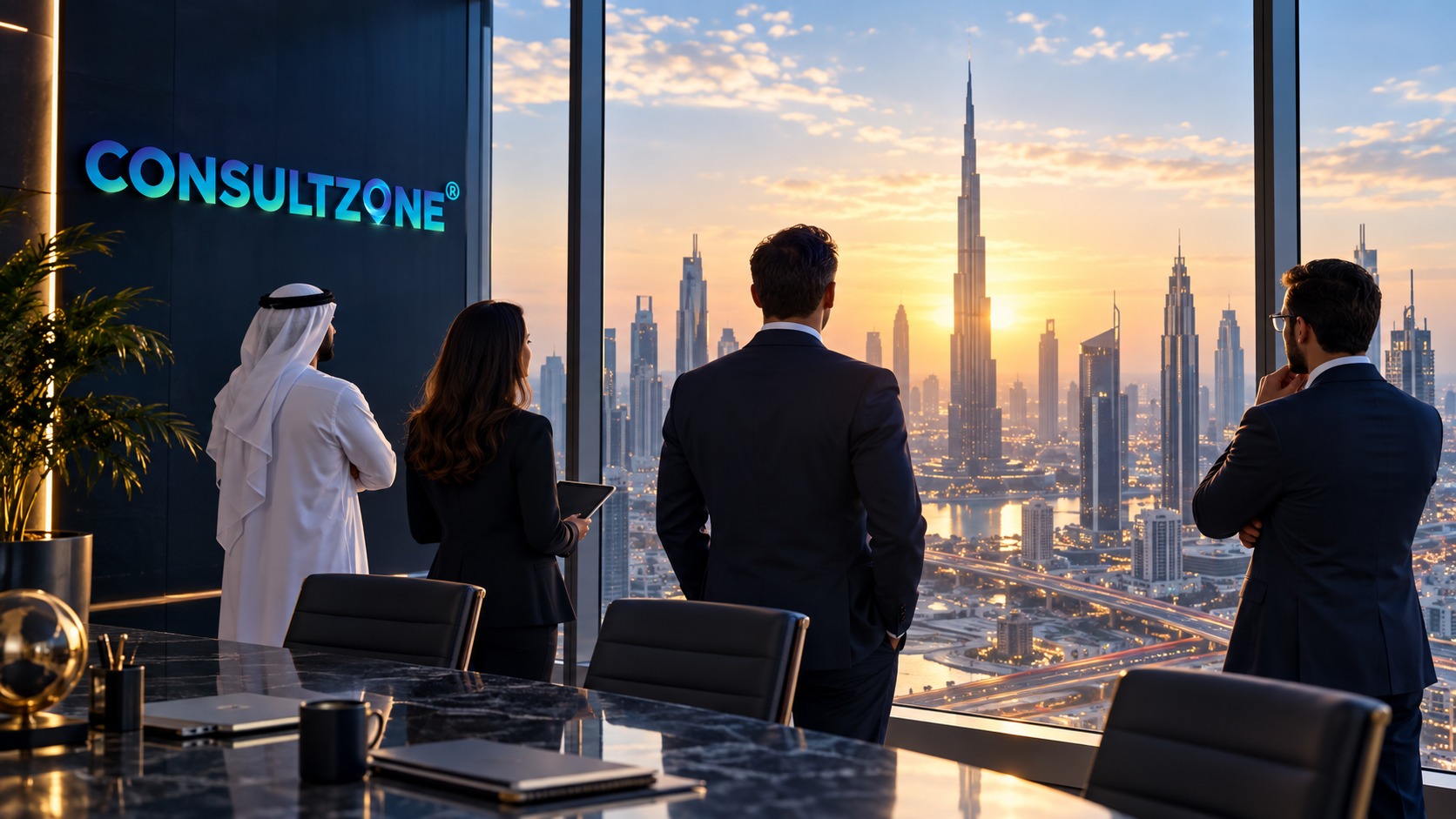 Four colleagues standing at a boardroom window watching the Dubai skyline at sunset