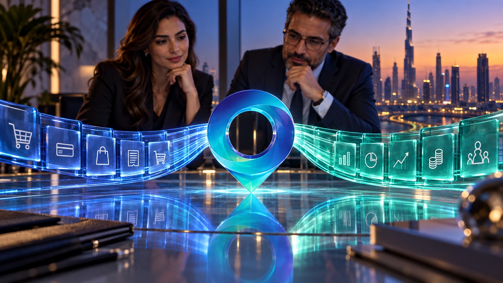Two colleagues at a glass table study a holographic display splitting invoice icons from profit charts