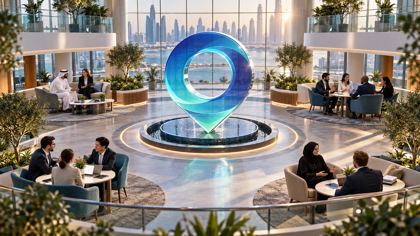 A glowing ring sculpture above a circular fountain in a sunlit atrium, small groups seated around